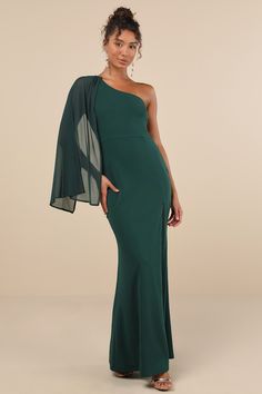 Majestic Attitude Emerald Cape Sleeve One-Shoulder Maxi Dress Drape Shoulder Dress, Wide Shoulders Dresses, Elegant Party Dresses Classy, Party Dress Classy Elegant, Prom Dress Shops, Green Formal Dresses, Dress Shops, One Sleeve Dress, Military Ball Dresses