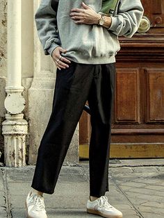 Editor's NotesThis one tuck banding pants are an everyday comfy casual Wear yours with a sweatshirt or a tee for a modern and trendy finish.- Loose silhouette- Front pockets- Elastic banding- One tuck detailMeasurements (in.)S / M / L- Waist: 12.60 in. / 13.39 in. / 13.78 in. - Thigh: 12.99 in. / 13.39 in. / 14.17 in. - Rise: 9.45 in. / 9.85 in. / 10.24 in. - Hem: 7.87 in. / 7.87 in. / 8.27 in. - Total length: 36.22 in. / 36.61 in. / 37.01 in. Model info: A- Height- 6' S Black Pants Outfit Men Casual, Loose Black Pants Outfit, Black Pants Outfit Men, Black Pants Outfit, Pants Outfit Men, Trendy Shoes Sneakers, Trendy Shoes, Comfy Casual, Pants Outfit