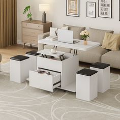 a living room filled with furniture and a white coffee table surrounded by stools on top of carpeted flooring