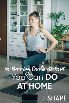 a woman is standing on a yoga mat with the words, no - running cardio workout you can do at home shape