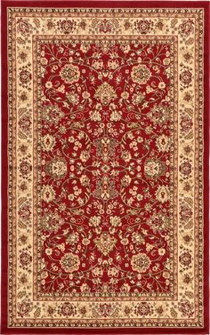 a red and beige rug with an ornate design on the center, surrounded by flowers