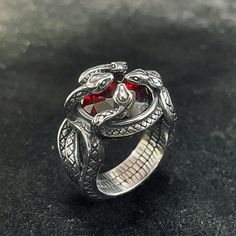 🎁Made from durable stainless steel, this ring features a design of four snakes intricately twisted and wrapped around a central red zircon stone. Snake-shaped Metal Rings As A Gift, Red Snake-shaped Jewelry For Gifts, Fantasy Rings Magic, Fantasy Rings, Power Rings, Man Rings, Ring Magic, Inktober 2024, Fantasy Ring