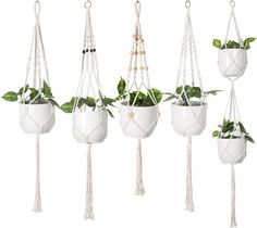 white macrame plant hangers with plants in them