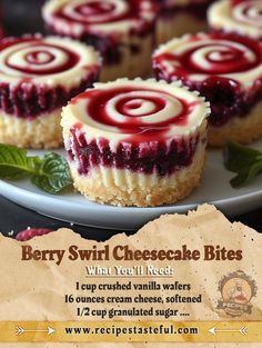 berry swirl cheesecake bites on a white plate with text overlay that reads, what you'll need