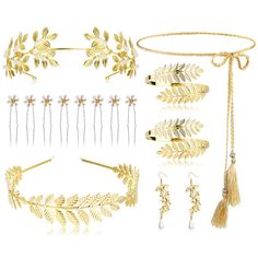 PRICES MAY VARY. ✨FUN ADDITION TO A TOGA✨ You will receive 1 piece of leaf headband, 1 gold leaf crown, 1 tassel dress belts, 2 gold leaves bracelet, 8 piece of hair clips, 1 pair of pearl earring in total, a good combination for your accessories. 🎈DURABLE MATERIAL🎈 The goddess costume jewelry set is is mainly made of alloy material, durable and bright enough, not easy to be broken, shining your beauty and making you catch the eyes in the crowd easily. Please check the picture for the detailed Goddess Costume Accessories, Leaves Crown, Hair Headpiece, Gold Leaf Crown, Medusa Costume, Headpiece Accessories, Greek Goddess Costume, Leaf Crown, Leaves Headband