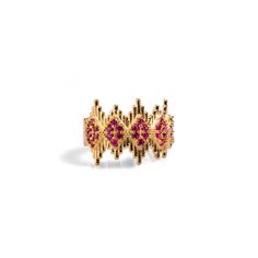 Ruby Stone & Gold Crown Adjustable Statement Ring, a luxurious and elegant piece designed to add a touch of royalty to your style. Crafted from 24k gold-plated brass, this stunning ring features geometric crown-like lines adorned with delicate ruby stones, creating a refined yet striking effect. The intricate design captures a regal aesthetic, making it both a sophisticated and eye-catching accessory. With its adjustable band, this ring offers versatility and comfort, making it perfect for any occasion Details Crafted with high-quality brass and plated with 24k gold for a luxurious finish. Ruby stone Adjustable size Avoid contact with chemicals, makeup, perfume. Do not use dips or abrasive cleaners on ring. To clean and brighten it up your ring, wipe them gently with jewelry polishing clot Yellow Gold Gemstone Temple Jewelry Ring, Yellow Gold Gemstone Temple Ring, Yellow Gold Temple Jewelry Ring With Gemstone, Yellow Gold Gemstone Ring In Temple Jewelry Style, Yellow Gold Temple Jewelry Rings For Formal Events, Luxury Gold-tone Brass Rings, Formal Yellow Gold Temple Jewelry Rings, Elegant 22k Gold Ring For Festive Occasion, Luxury Pink Gold Ruby Ring