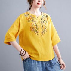 Women's Cotton Linen Blouse Embroidery Floral Pattern Vintage Shirt Crew Neck Mid Sleeve Top Casual Blouse With Floral Embroidery And Half Sleeves, Spring Tops With Floral Embroidery And Half Sleeves, Spring Cotton Shirt With Resham Embroidery, Spring Short Sleeve Blouse With Chikankari Embroidery, Spring Chikankari Embroidered Short Sleeve Blouse, Embroidered Half-sleeve Tops For Spring, Embroidered Half Sleeve Cotton Tops, Embroidered Half Sleeve Top For Summer, Spring Embroidered Crew Neck Blouse