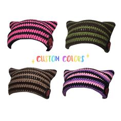 four pillows with different designs on them and the words custom colors written in large letters