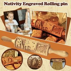 an advertisement for nativity enerved rolling pin with pictures of baby in the background