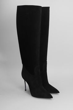 Blade High heels boots in black suede, pointed toe, slip on, blade heel, leather sole, 100 mm heel, 100% suede, Made in Italy Luxury Suede Knee-high Boots With Pointed Toe, Luxury Pointed Toe Heeled Boots With Suede Lining, Luxury Pointed Toe Suede Heeled Boots, Luxury Suede Heeled Boots With Pointed Toe, Luxury Suede Knee-high Boots For Formal Occasions, Luxury Suede Knee-high Boots For Formal Events, Luxury Formal Suede Knee-high Boots, Luxury Suede Knee-high Boots For Evening, Suede Evening Boots With Leather Sole