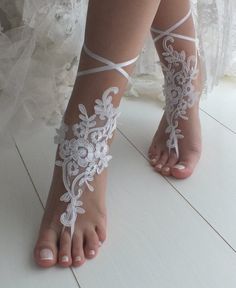 White barefoot sandals Lace barefoot sandals Bridal shoes | Etsy White Bohemian Barefoot Sandals With Ankle Wrap, White Bohemian Barefoot Toe Ring Sandals, White Bohemian Toe Ring Barefoot Sandals, Bohemian White Barefoot Sandals For Beach Wedding, White Barefoot Sandals For Party, White Ankle Wrap Barefoot Sandals For Festivals, Handmade White Anklets For Beach Wedding, White Bohemian Wedding Anklets, Bohemian White Wedding Anklets