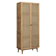 a tall wooden cabinet with two doors on the front and one door open to reveal a wicker design