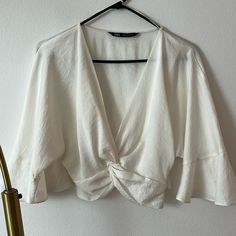 Silky Blouse, Fitted Through Waist With A Side Zip Closure. Never Worn. Chic White Crop Top For Spring, Chic White V-neck Crop Top, Elegant Cropped Blouse By Zara, Elegant Cropped Zara Blouse, White V-neck Crop Top For Spring, Elegant V-neck Crop Top For Day Out, White Cropped Chic Top, Elegant Zara V-neck Crop Top, White Crop Top For Brunch