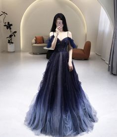 Celestial Prom Dress, Midnight Blue Prom Dresses, Midnight Gown, Midnight Blue Dress, Tulle Long Prom Dress, Galaxy Dress, Blue Ball Gowns, Prom Dress Inspiration, Beautiful Prom Dresses