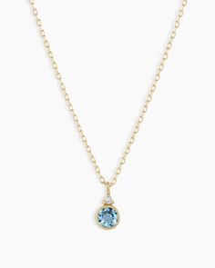 A modern heirloom. Introducing our take on a traditional style. Whether you wear yours or a loved one’s, a birthstone necklace is an easy way to add color and meaning to your look. This birthstone necklace features a 14k gold chain and diamond detail and makes for a perfect, personal gift. Blue Topaz is December's birthstone. Product Details Diamond: 0.01 total carat weight, 1.3 mm GH SI1-SI3 Blue Topaz: 0.15 total carat weight, 3 mm genuine blue topaz 14k solid gold 16" chain + 2" extender. Adj Bezel Pendant Ideas, 14k Gold Jewelry With Gemstone Accents For May Birthstone, Fine Jewelry Birthstone Necklace With Delicate Chain, Yellow Gold Birthstone Necklace With Delicate Chain, Round Yellow Gold Birthstone Necklace With Delicate Chain, 14k Gold Birthstone Necklace With Bezel Setting, Yellow Gold Birthstone Necklace With Round Stone, Yellow Gold Solitaire Pendant Necklace With Birthstone, Fine Jewelry Birthstone Necklace In Yellow Gold