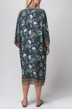 Boho floral longline kimono cardigan, can be worn as a cover-up. One Size 100% viscose/acrylic. Bohemian V-neck Cardigan With Floral Print, Bohemian Floral Print Robe For Festivals, Bohemian Floral Print Festival Robe, Green Bohemian Floral Robe, Bohemian Patterned Kimono For Loungewear, Bohemian Floral Print Robe For Loungewear, Long Bohemian Robe For Spring, Bohemian Wrap Robe With Floral Print, Bohemian Open Front Printed Robe