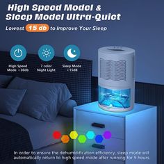 an image of a night light that is on top of a nightstand with the words high speed model and sleep model ultra quiet