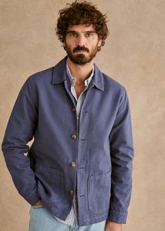 Tim Jacket - Vintage Blue - Organic Cotton - Octobre Éditions Blue Jacket Outfits Men, Denim Suit, B Fashion, Canvas Jacket, Polo Sweatshirt, Work Jackets, Suit Accessories, Blue Jacket, Mens Street Style