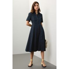 Blue (98% Cotton, 2% Elastane) Cocktail dress. Collared. Short sleeves. Front button closure. 48" from shoulder to hemline. Imported. Navy Shirt Dress, Cotton Poplin Dress, Cotton Poplin Fabric, Rent The Runway, Poplin Dress, Closet Designs, Club Monaco, Poplin Fabric, Cotton Poplin