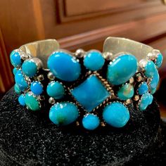 Bracelet Is Sterling Silver With Beautiful Turquoise Unique Blue Cuff Bracelets, Turquoise Jubilee Bracelet Bangle, Blue Cuff Bracelets, Blue Cuff Bracelet, Vintage Turquoise, Womens Jewelry Bracelets, Bones, Cuff, Womens Sizes