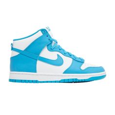 Find NIKE Dunk High 'laser Blue on Editorialist. The Nike Dunk High ‘Laser Blue’ accentuates the shoe’s classic lines with traditional color blocking that recalls the iconic ‘Be True to Your’ series from 1985. The leather upper pairs a crisp white base with contrasting overlays in a pastel blue shade. In addition to the signature Swoosh, branding elements take the form of a Nike logo on the tongue tag and sockliner. Underpinning the sneaker is a blue rubber outsole with a traction pattern similar to another 1985 silhouette, the Air Jordan 1. Mid Jordan 1, Adidas Models, Streetwear Shirts, Ugg Tasman, Nike Models, Adidas Spezial, Cute Nike Shoes, Nike Dunk High, Dunk High