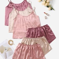 Four Pack Satin Pajama Set Satin Pajamas Shorts, Shein Pjs, Cute Pj Sets, Sleepwear Aesthetic, Satin Pjs, Silky Pajamas, Satin Pj Set, Cute Pajama Sets, Silk Pajama Set