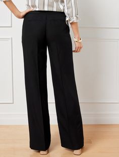 Soft fabric elevates the chic look of these flattering wide leg pants. Tailored with a perfect drape and a figure-boosting high waist. A statement piece for any season. Features Flat Front/Trouser Wide Leg Hits Above Waist Full Length Fly front with button closure Front slash, Back welt pockets Imported Fit: Misses: 31 1/2"; Petite: 29"; Plus: 31 1/2"; Plus Petite: 29" Material: 48% Tencel ™ Lyocell, 30% Linen, 22% Cotton Care: Machine Wash Cold; Only Non-Chlorine Bleach When Needed; Or Dry Clea Tailored Ankle-length Wide Leg Pants, Chic Wide-leg Workwear Bottoms, Elegant Tailored Wide-leg Pants, Chic Wide Leg Workwear Bottoms, Chic Wide Leg Bottoms For Workwear, Elegant Tailored Wide Leg Full-length Pants, Tailored Elegant Wide Leg Pants, Chic Wide Leg Dress Pants For Business Casual, Chic Tailored Wide Leg Pants For Business Casual