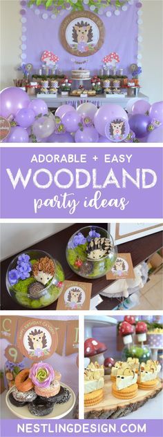 an adorable woodland birthday party with purple and green decorations, cupcakes and desserts