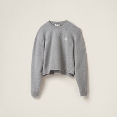 Plush knit Boxy fit Ribbed knit crew neck Semi-raglan shoulder Long sleeves Ribbed knit cuffs Embroidered logo Miu Miu Long Sleeve Cotton Tops, Classic Cotton Miu Miu Tops, Classic Miu Miu Cotton Tops, Miu Miu Classic Long Sleeve Tops, Classic Long Sleeve Miu Miu Tops, Classic Sweater With Embroidered Logo In Relaxed Fit, Classic Relaxed Fit Sweater With Embroidered Logo, Classic Sweater With Embroidered Logo And Relaxed Fit, Cozy Cropped Sweater With Crew Neck And Ribbed Cuffs