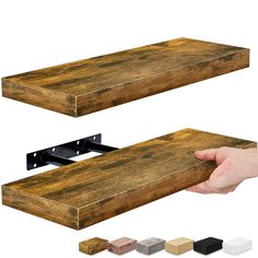 a hand holding a wooden shelf with different colors and sizes on it, along with the other