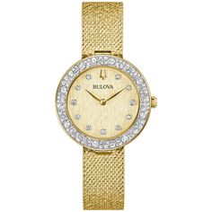 Step into the golden age of glitz and glamour with the luxuriously appointed Bulova women's Champagne Crystal timepiece. Meticulously set with 103 dazzling Austrian crystals, the gold-tone stainless steel case's bezel conjures the effervescence of champagne, while the glittering gold-tone fine mesh strap shimmers with sophistication and offers unrivaled comfort with its adjustable sliding buckle. The brilliant champagne dial is no less spectacular, with a refined texture, 11 crystal hour markers Diamond Watches With Polished Finish For Evening, Elegant Gold Diamond Watch With Round Dial, Luxury Gold Diamond Watch With Brilliant Cut, Classic Gold Diamond Watch With Brilliant Cut, Gold Diamond-accented Watch For Evening, Gold Evening Watches With Diamond Accents, Gold Watches With Diamond Accents For Evening, Gold Diamond Watch With Diamond Accents For Evening, Gold Diamond Accented Watch For Evening