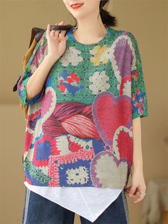 Description Product ID: TP2051782 Material: Cotton Pattern: Print Closure: Pullover Sleeve: Short Sleeve Season: Summer Style: Fashion, Casual Occasion: Daily, Park, Picnic Package included 1 * Shirt Size Chart (Asian Size) Please allow 1-3 cm measured error. Size Length Chest One Size 62cm | 24.4 in 114cm | 44.9 in Cute Crew Neck Tops With Patchwork, Oversized Knit Tops With Graphic Print, Cute Short Sleeve Patchwork Tops, Trendy Multicolor Short Sleeve Knit Top, Casual Oversized Heart Print Tops, Oversized Heart Print Casual Tops, Cute Multicolor Patchwork Tops, Spring Heart Print Crew Neck Tops, Spring Graphic Print Knit Tops