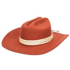 A chic western-inspired rancher cowboy hat featuring a cattleman crease crown. Add some flame to every festival and concert you are planning this year with a hat that will do all the talking fo you. Triple braided wrap trim and the back western concho adds more to the flair. ? Features : Brim Size: 3.75" 100% wool Color: Rust Women's one size ( 57 cm, 22.5 inches) Adjustable internal drawstring for a tighter fit Triple braided wrap trim with back western concho Southwestern Wide Brim Felt Hat For Western-themed Events, Southern Style Brown Hat Bands For Rodeo, Southern Style Brown Hat Band For Rodeo, Southwestern Fitted Hats For Rodeo, Southwestern Style Short Brim Felt Hat For Western Events, Southwestern Felt Hat With Short Brim For Western-themed Events, Western Adjustable Hats For Fall, Western Felt Hat For Rodeo, Western Style Felt Hat For Rodeo