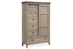 an armoire with drawers and doors on the front, in light brown wood finish