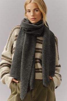 Our warmest wishes are equal parts cozy and chic. | Ribbed Scarf by Anthropologie in Grey, Women's, Polyester/Elastane Casual Soft Knit Scarf For Winter, Casual Soft Knit Scarves For Winter, Casual Soft Knit Winter Scarves, Soft Knit Scarves For Cold Weather In Fall, Warm Knit Scarves For Fall, Cozy Knit Scarves For Winter, Casual Knit Winter Scarf, Knit Scarves For Fall Cold Weather, Cozy Knitted Scarves For Fall