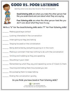 the good vs poor listening worksheet is shown with an image of a boy