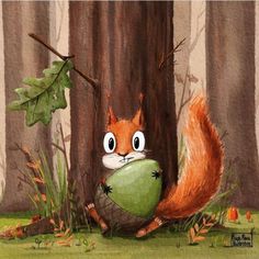 a painting of a squirrel holding a green bag in front of a tree with leaves