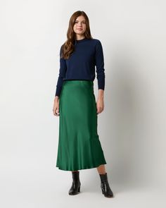 A fluid, midi-length slip skirt made of silky, sheeny charmeuse. The fabric is cut on the bias (diagonally,) which gives it an extra-flattering drape that hugs — but doesn't cling to — your hips and waist. It's got a covered elastic waist that just pulls on, and it looks just as great with a t-shirt as it does with a silk blouse (or the matching top!) Silk Slip Skirt, Clothing Catalog, Slip Skirt, Buckle Shoes, Sweater Gift, Silk Charmeuse, Silk Slip, Sweater Pants, Matching Top