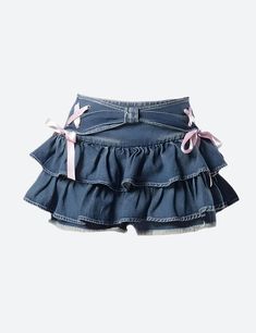 These jeans offer a fresh take on the denim trend with a playful, low-rise waist and flared silhouette. The layered mini design injects a youthful exuberance, while the skort functionality ensures practicality. It's a stylish ode to fun and freedom—ideal for those who dance to their own beat. Denim material Ruffled design Ribbon lace up details at side Denim belt detail at front Distressed detail at shorts Low rise Cotton, polyester Shorts Low Rise, Crop Pullover, Trendy Denim, Ruffle Mini Skirt, Corset Bustier, Denim Belt, Pink Bows, Mode Inspo, Really Cute Outfits