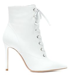 Lace-Up Leather Ankle Boots - Gianvito Rossi | mytheresa.com White Calf Leather Heels With Deep Heel Cup, White High Ankle Boots With Sculpted Heel, White High Ankle Fitted Heels, Luxury White Lace-up Boots, White Fitted High Ankle Heels, White Calf Leather Heels With 4-inch Heel, White Ankle Heeled Boots With Sculpted Heel, White Calf Leather Heeled Boots With Pointed Toe, White Ankle Boots With Sculpted Heel