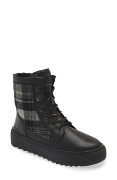 Ground your look in the utilitarian attitude of a lace-up combat boot set on a sturdy sawtoothed sole. Waterproof: protects against rain, puddles and slush to keep feet dry in wet conditions 1" platform Lace-up style; side zip closure Leather and textile upper/synthetic lining/rubber sole Imported Rugged Insulated Lace-up Combat Boots, Black Weatherproof Lace-up Boots For Outdoor, Black Combat Lace-up Boots, Winter Lace-up Boots With Reinforced Toe, Rugged Weatherproof Ankle Combat Boots, Rugged Waterproof Combat Boots For Fall, Weatherproof High-top Work Boots For Fall, Weatherproof Combat Boots For Fall Outdoor Activities, Fall Weatherproof High-top Work Boots