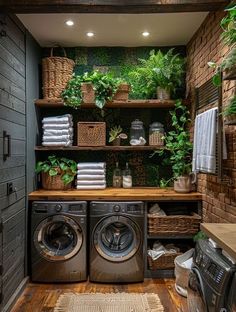 a washer and dryer in a room with plants on the shelves next to it