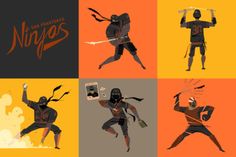 four different ninjas are depicted in this illustration