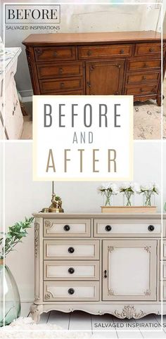 before and after photos of an old dresser with white paint on the top, bottom right