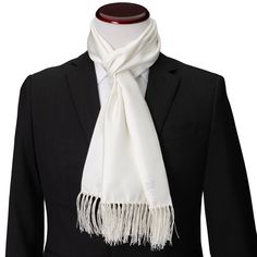 Every man needs a simple but elegant white scarf for formal events, and this one has the added luxury of being crafted from 100% Silk. The expert craftsmanship of our 100% Silk scarf holds your preferred style without slipping or having to adjust. Pairs beautifully with any necktie, bow tie, or outfit, making it a versatile piece that can be worn for both professional and formal occasions. Classic White Tie For Wedding, Elegant White Suit And Tie Accessories For Wedding, Classic White Wedding Tie, Elegant White Wedding Suit And Tie Accessories, White Standard Tie For Black Tie Events, Classic White Silk Scarf, White Classic Silk Scarf, Elegant Solid Bow Tie, Classic White Suit And Tie Accessories For Semi-formal Occasion