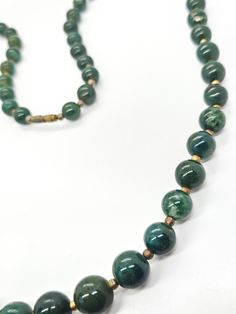 Moss Agate Deep Green graduated long 30" inch vintage beaded necklace. Good vintage condition with little to no signs of wear. Beads are graduated getting larger in the center with a barrel clasp. Necklace measures 30 inches long. Spring Hill Florida, Vintage Beads Necklace, Clasp Necklace, Bead Jewellery, Moss Agate, Deep Green, Barrel, Agate, Beaded Necklace