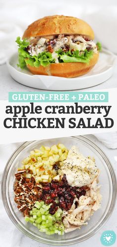 an apple cranberry chicken salad on a plate with the title text overlay