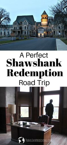 a person standing in front of a large house with the words, a perfect shawshank redemption road trip