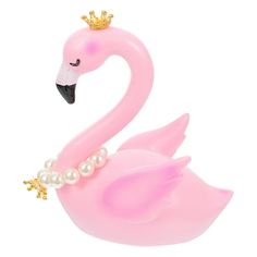 a pink flamingo with pearls and a crown on its head