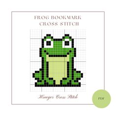 the frog bookmark cross stitch pattern is shown in green and black, with an image of